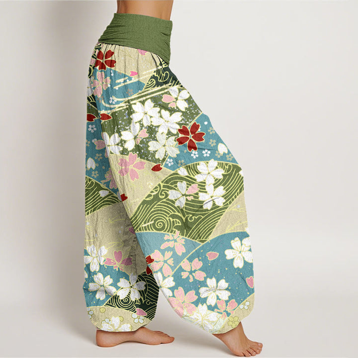 Buddha Stonesとカラフルな花の扇形模様デザインレディース伸縮性ウエストハーレムパンツ - image 3