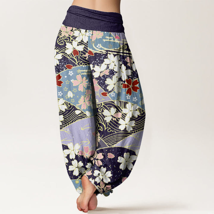 Buddha Stonesとカラフルな花の扇形模様デザインレディース伸縮性ウエストハーレムパンツ - image 9