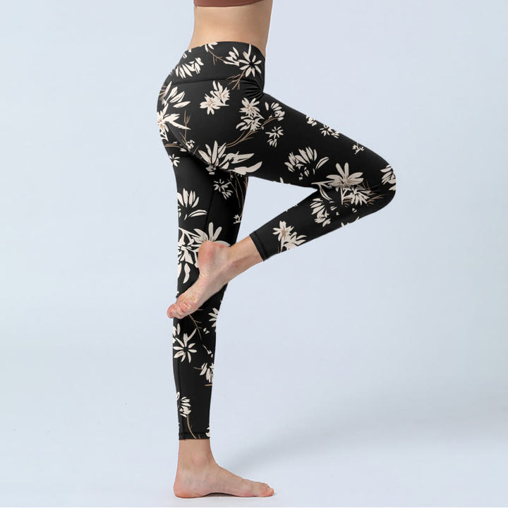Buddha Stonesブラック ホワイト 花びら柄 プリント ジムレギンス レディース ヨガパンツ - image 4