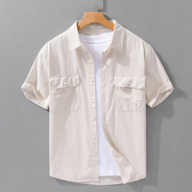 Buddha Stonesデイリーピュアカラーラペルメンズ半袖コットンリネンシャツ（ポケット付き） - ベージュ - US/UK/AU42、 EU52 (3XL) - image 0