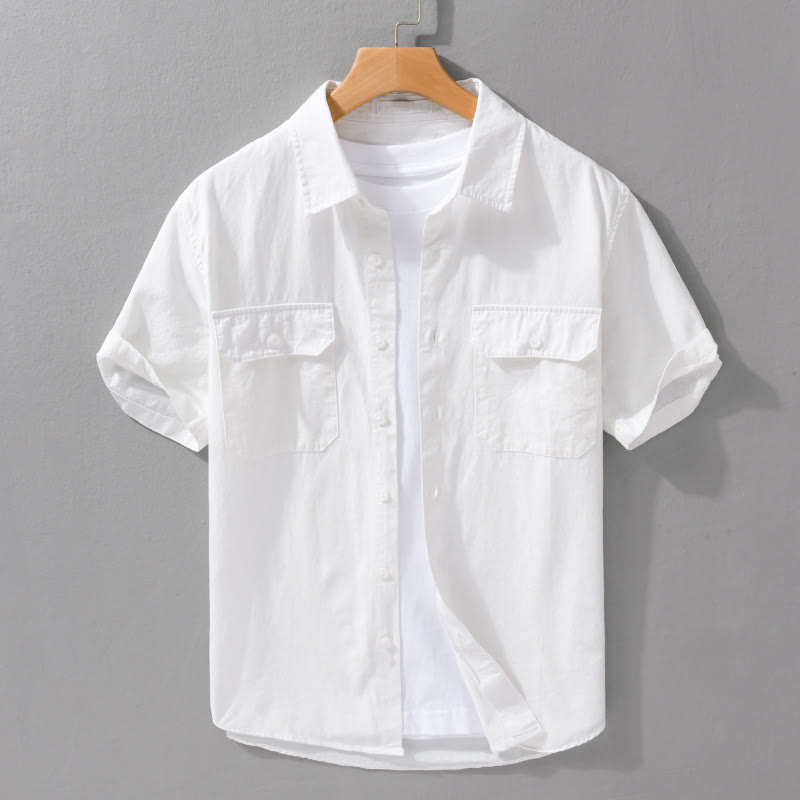 Buddha Stonesデイリーピュアカラーラペルメンズ半袖コットンリネンシャツ（ポケット付き） - 白 - US/UK/AU42、 EU52 (3XL) - image 1