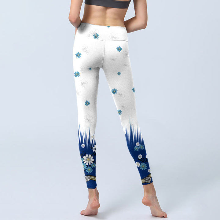 Buddha Stones、白い花、草、葉の模様プリントのジムレギンス、レディースヨガパンツ - image 7