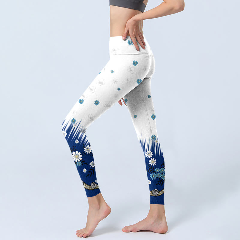 Buddha Stones、白い花、草、葉の模様プリントのジムレギンス、レディースヨガパンツ - image 3