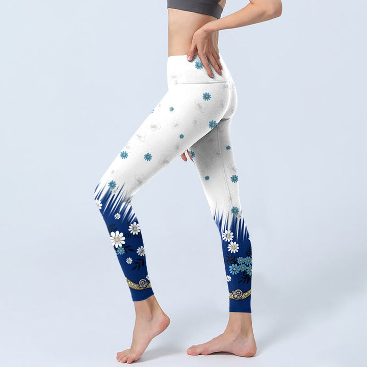 Buddha Stones、白い花、草、葉の模様プリントのジムレギンス、レディースヨガパンツ - image 3