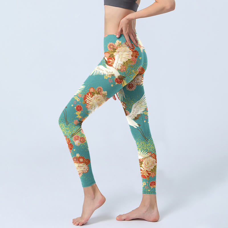 Buddha Stones、タンチョウ、牡丹、蝶の模様プリントのジムレギンス、レディースヨガパンツ - image 3