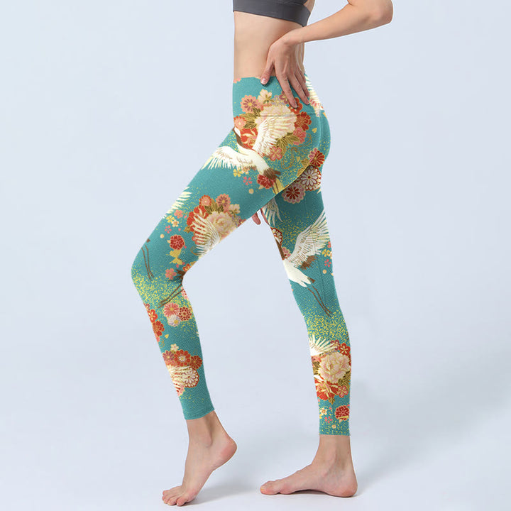 Buddha Stones、タンチョウ、牡丹、蝶の模様プリントのジムレギンス、レディースヨガパンツ - image 3
