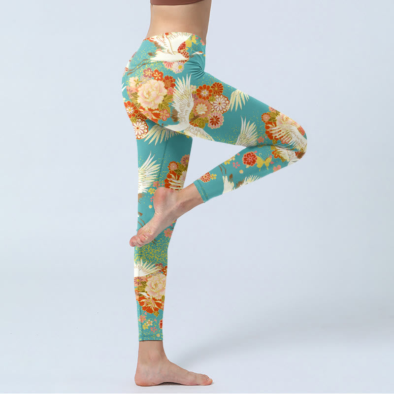 Buddha Stones、タンチョウ、牡丹、蝶の模様プリントのジムレギンス、レディースヨガパンツ - image 4