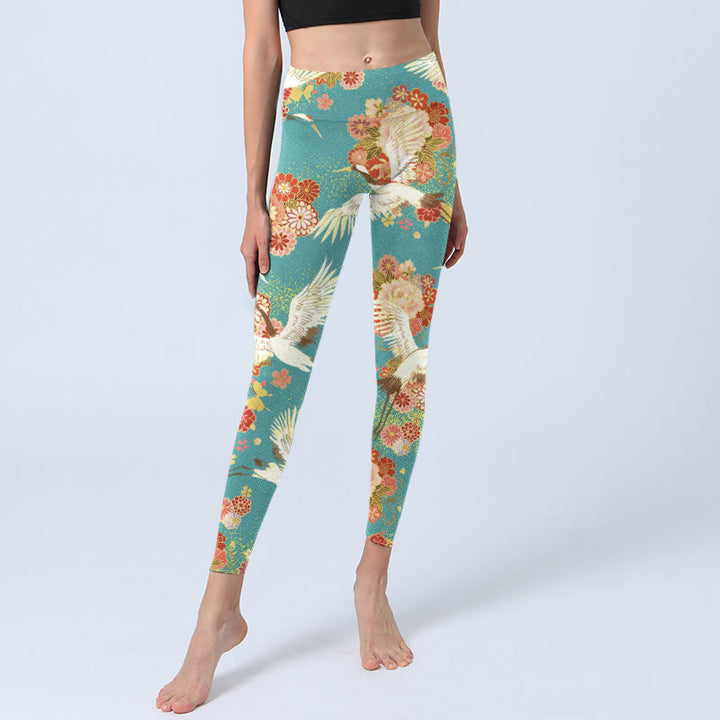 Buddha Stones、タンチョウ、牡丹、蝶の模様プリントのジムレギンス、レディースヨガパンツ - image 6
