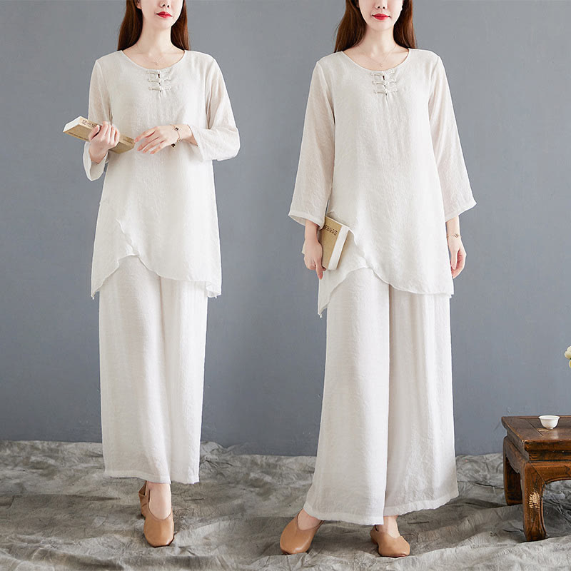 Buddha Stones2点セット ベージュ 中国風 カエルボタンデザイン 長袖シャツ トップス パンツ 瞑想 禅 太極拳 コットンリネン 衣類 レディース セット - image 20