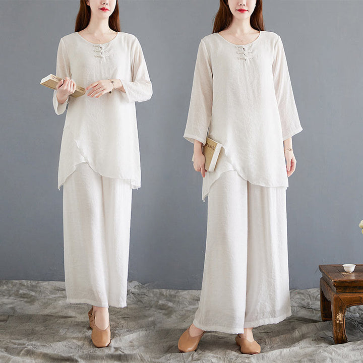 Buddha Stones2点セット ベージュ 中国風 カエルボタンデザイン 長袖シャツ トップス パンツ 瞑想 禅 太極拳 コットンリネン 衣類 レディース セット - image 20