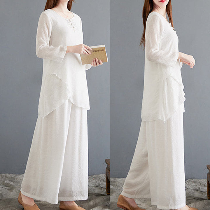 Buddha Stones2点セット ベージュ 中国風 カエルボタンデザイン 長袖シャツ トップス パンツ 瞑想 禅 太極拳 コットンリネン 衣類 レディース セット - image 19