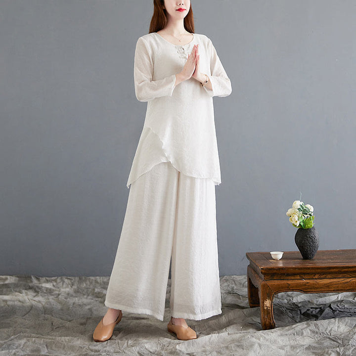 Buddha Stones2点セット ベージュ 中国風 カエルボタンデザイン 長袖シャツ トップス パンツ 瞑想 禅 太極拳 コットンリネン 衣類 レディース セット - image 1