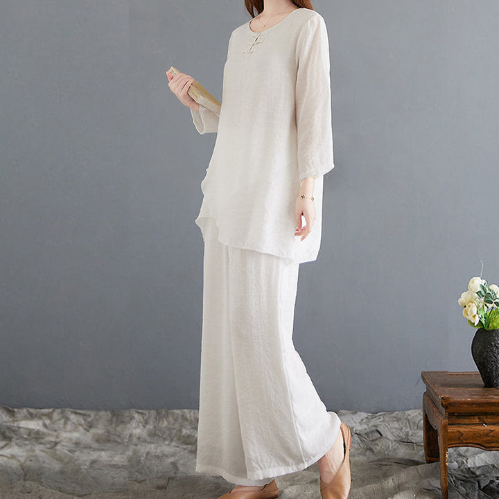 Buddha Stones2点セット ベージュ 中国風 カエルボタンデザイン 長袖シャツ トップス パンツ 瞑想 禅 太極拳 コットンリネン 衣類 レディース セット - image 5