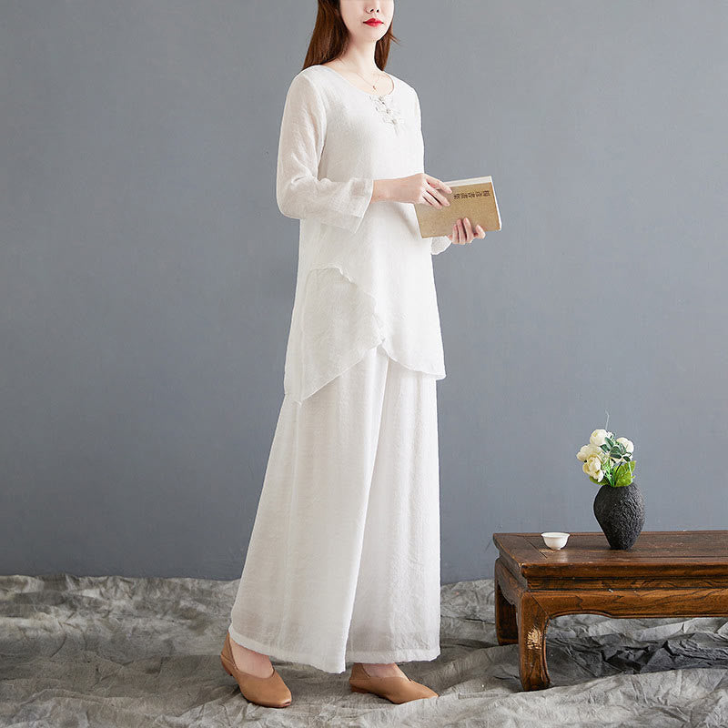 Buddha Stones2点セット ベージュ 中国風 カエルボタンデザイン 長袖シャツ トップス パンツ 瞑想 禅 太極拳 コットンリネン 衣類 レディース セット - image 6