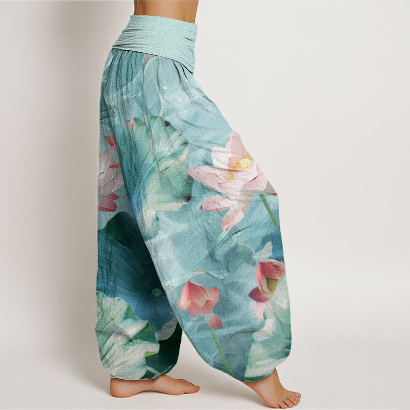 Buddha Stonesカジュアル蓮の花びら池柄レディース伸縮性ウエストハーレムパンツ - image 2