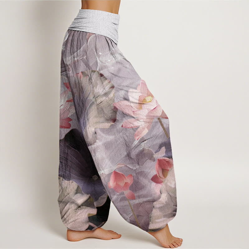 Buddha Stonesカジュアル蓮の花びら池柄レディース伸縮性ウエストハーレムパンツ - image 6