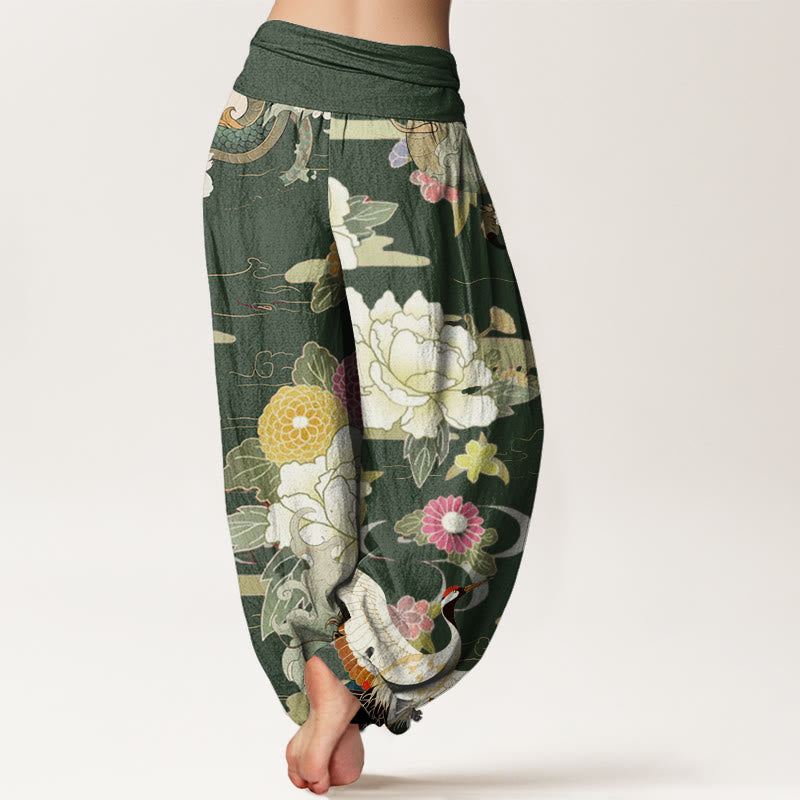 Buddha Stonesカジュアル龍丹頂鶴牡丹花柄レディース伸縮性ウエストハーレムパンツ - image 10