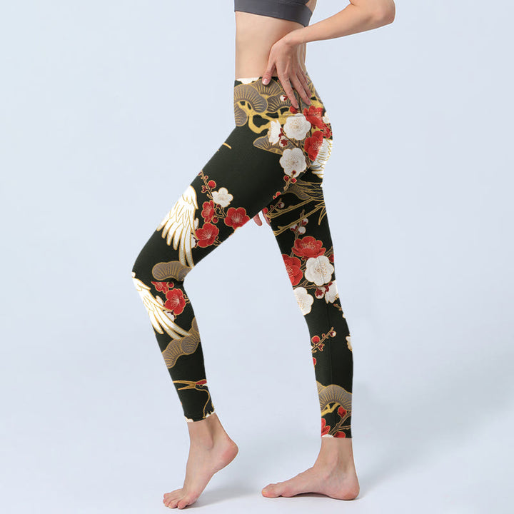 Buddha Stones、赤冠鶴、梅の花、枝柄プリントのジムレギンス、レディースヨガパンツ - image 3