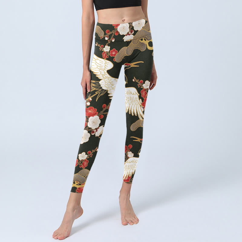 Buddha Stones、赤冠鶴、梅の花、枝柄プリントのジムレギンス、レディースヨガパンツ - image 6