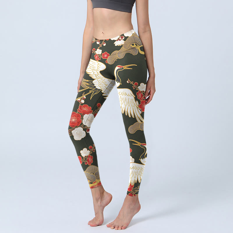 Buddha Stones、赤冠鶴、梅の花、枝柄プリントのジムレギンス、レディースヨガパンツ - 黒 - US18、 UK/AU22、 EU50 (4XL) - image 1