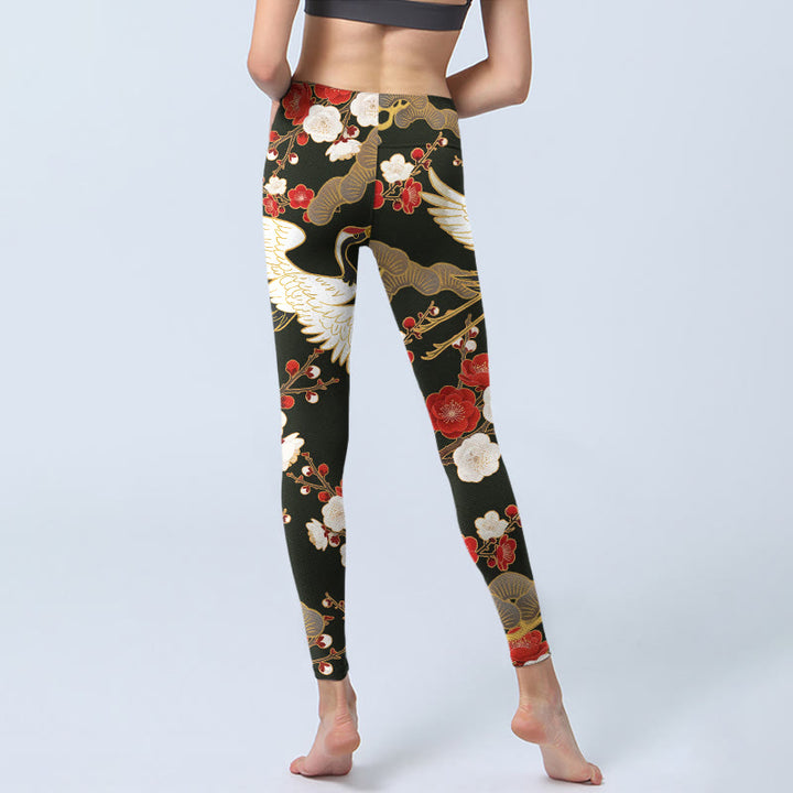 Buddha Stones、赤冠鶴、梅の花、枝柄プリントのジムレギンス、レディースヨガパンツ - image 7