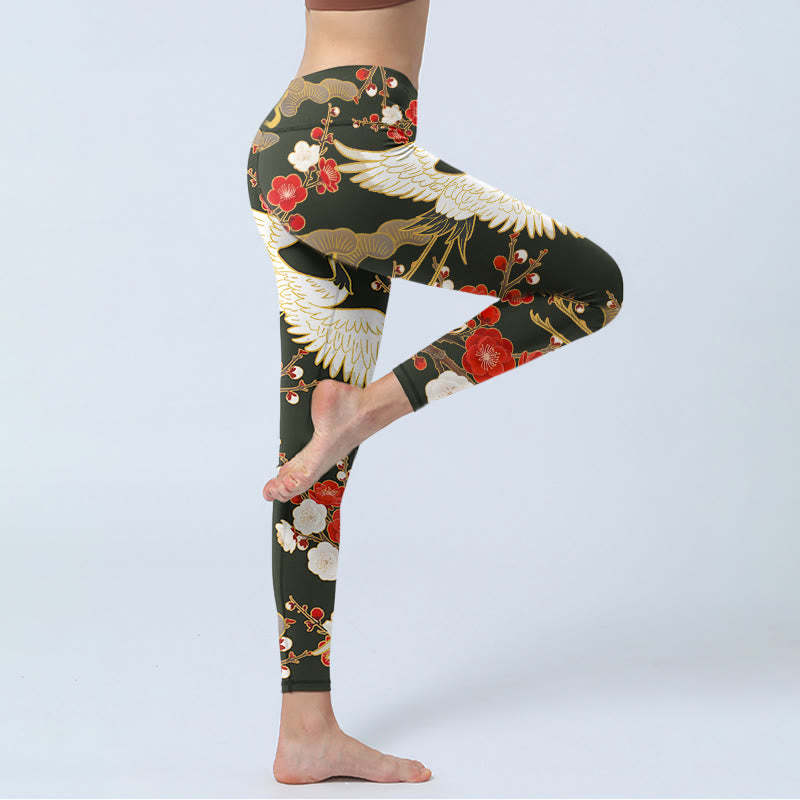 Buddha Stones、赤冠鶴、梅の花、枝柄プリントのジムレギンス、レディースヨガパンツ - image 4
