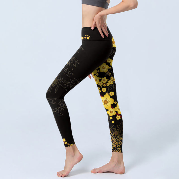 Buddha Stones、黄色の桜、竹の葉、花火柄プリントのジムレギンス、レディースヨガパンツ - image 3