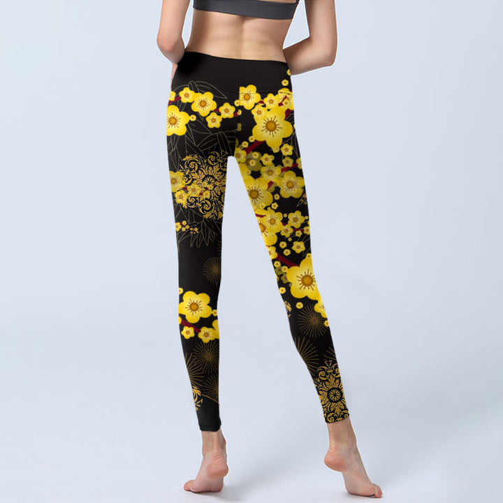 Buddha Stones、黄色の桜、竹の葉、花火柄プリントのジムレギンス、レディースヨガパンツ - image 7