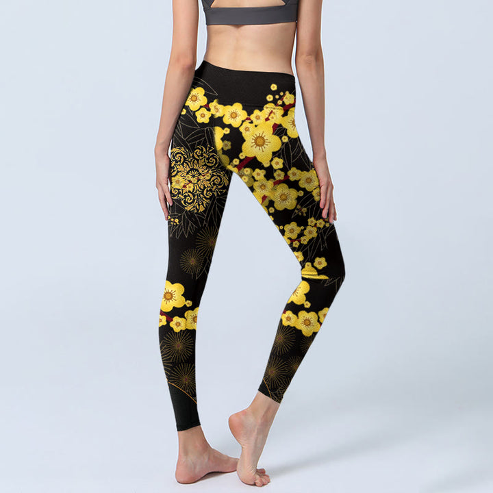Buddha Stones、黄色の桜、竹の葉、花火柄プリントのジムレギンス、レディースヨガパンツ - image 5