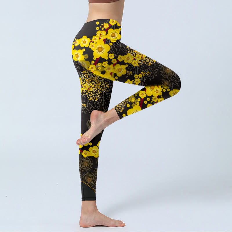 Buddha Stones、黄色の桜、竹の葉、花火柄プリントのジムレギンス、レディースヨガパンツ - image 4