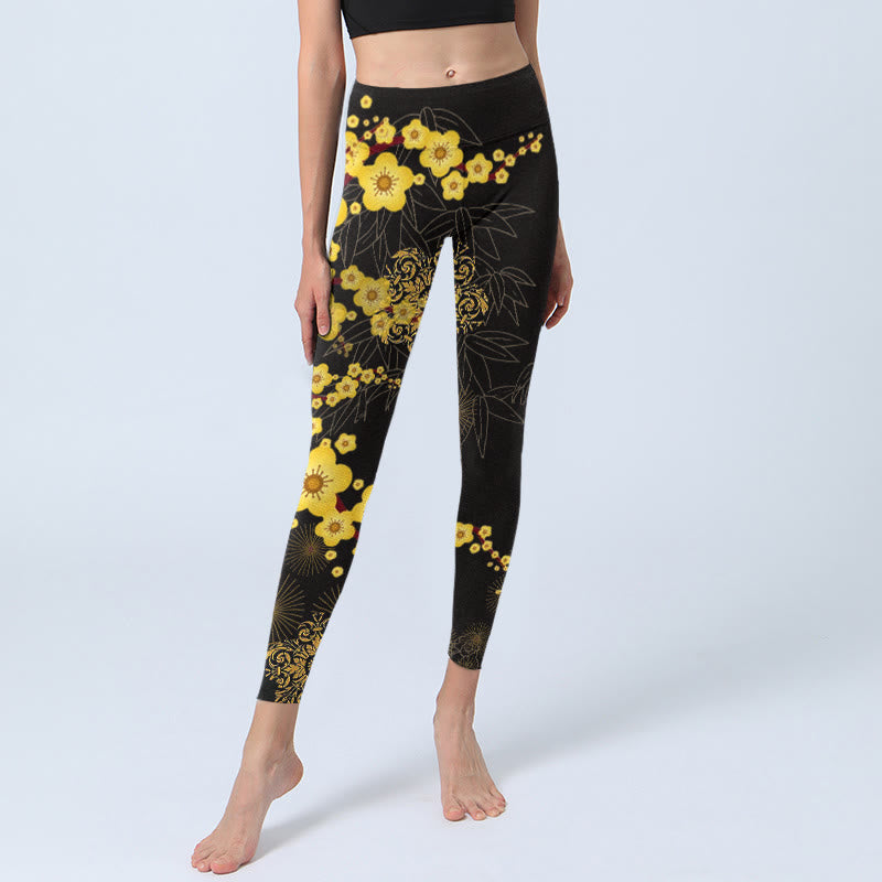 Buddha Stones、黄色の桜、竹の葉、花火柄プリントのジムレギンス、レディースヨガパンツ - image 6