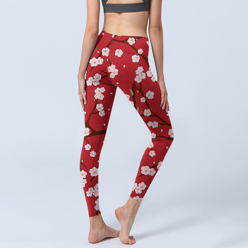 Buddha Stones、梅の花、枝、葉の模様プリントのジムレギンス、レディースヨガパンツ - image 4