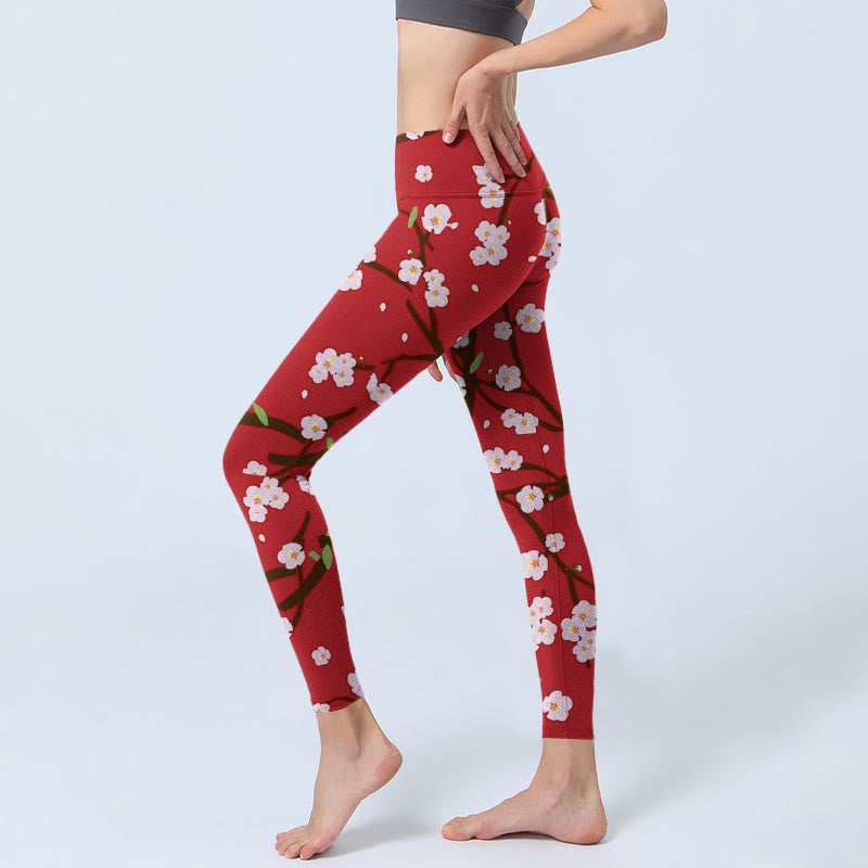 Buddha Stones、梅の花、枝、葉の模様プリントのジムレギンス、レディースヨガパンツ - image 3