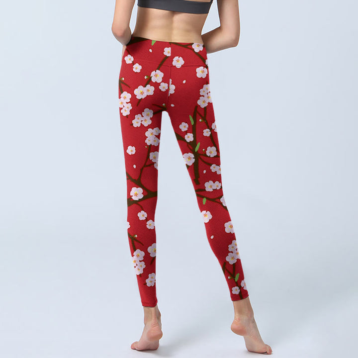 Buddha Stones、梅の花、枝、葉の模様プリントのジムレギンス、レディースヨガパンツ - image 7