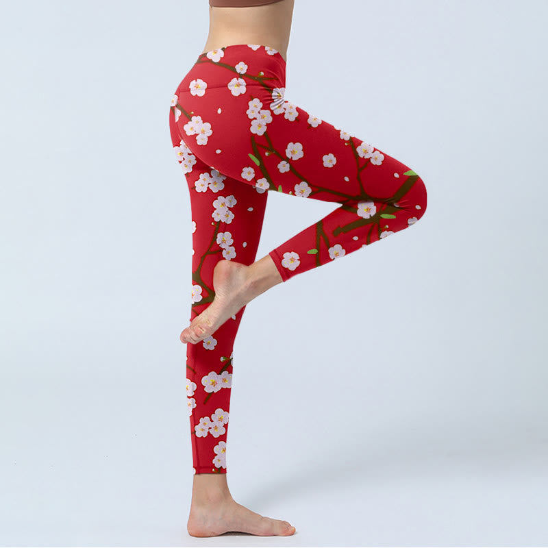 Buddha Stones、梅の花、枝、葉の模様プリントのジムレギンス、レディースヨガパンツ - image 5