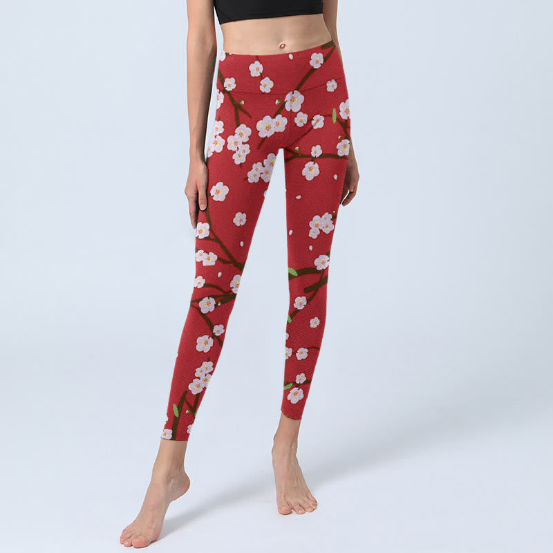Buddha Stones、梅の花、枝、葉の模様プリントのジムレギンス、レディースヨガパンツ - image 6