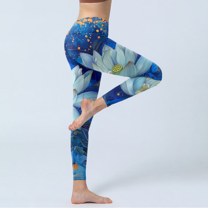 Buddha Stonesと白い蓮の花模様プリントのジムレギンス レディース ヨガパンツ - image 4