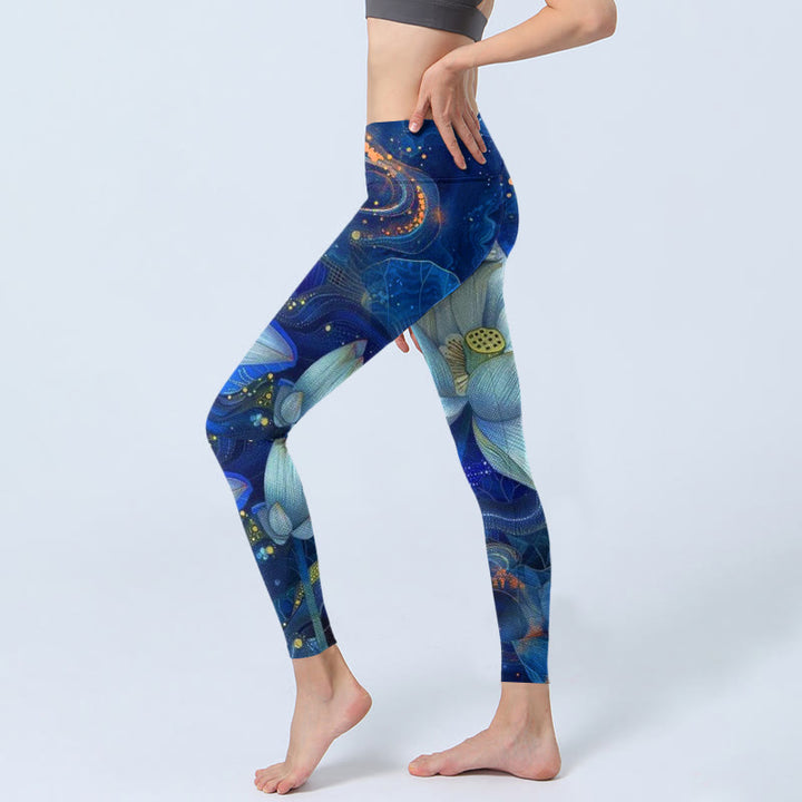 Buddha Stonesと白い蓮の花模様プリントのジムレギンス レディース ヨガパンツ - image 3