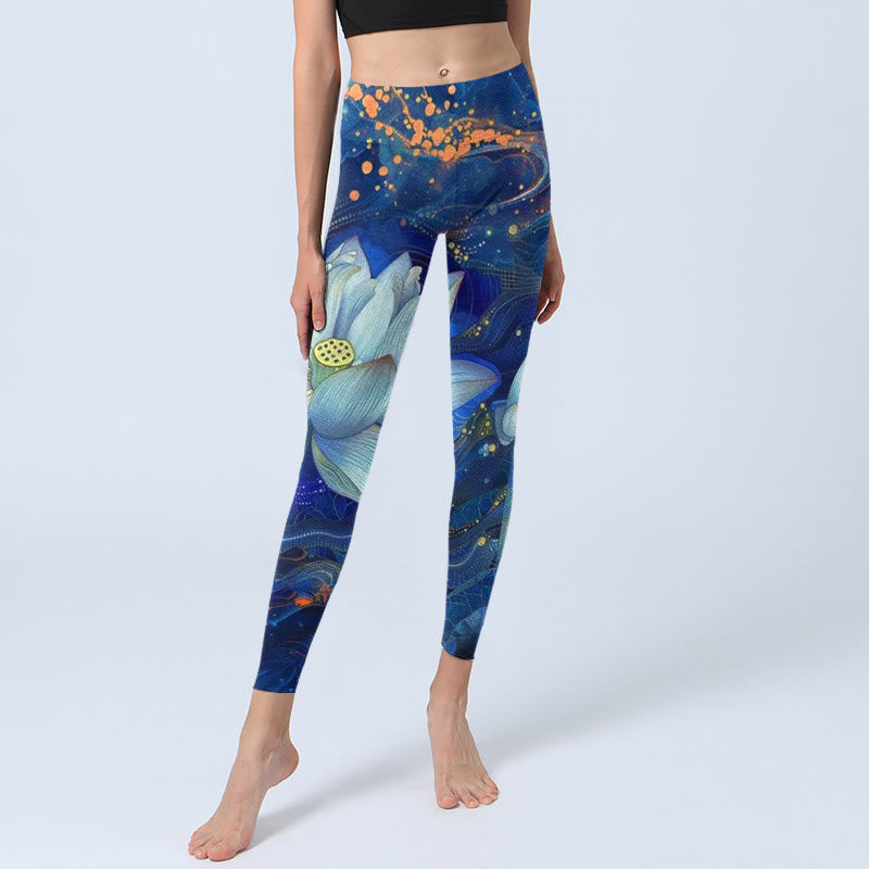 Buddha Stonesと白い蓮の花模様プリントのジムレギンス レディース ヨガパンツ - image 6