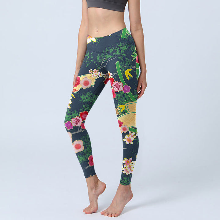 Buddha Stones、桜、竹、松の木のプリントジムレギンス、レディースヨガパンツ - ダークグリーン - US18、 UK/AU22、 EU50 (4XL) - image 1