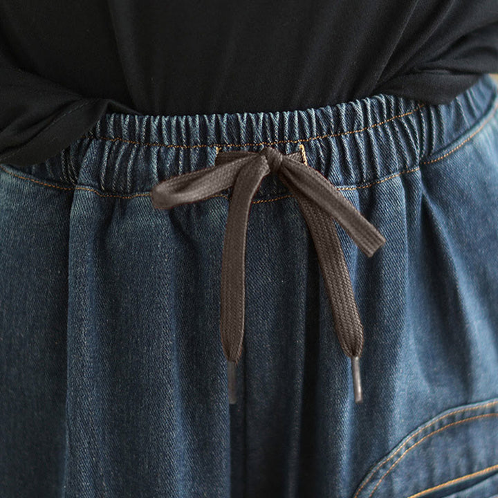 Buddha Stonesカジュアル ダークスレートブルー 無地 ドローストリング コットン レディース ハーレムパンツ ポケット付き - image 9