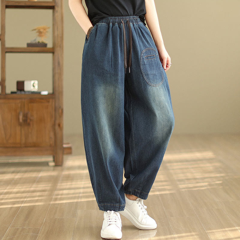 Buddha Stonesカジュアル ダークスレートブルー 無地 ドローストリング コットン レディース ハーレムパンツ ポケット付き - image 4
