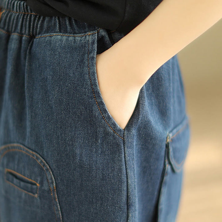 Buddha Stonesカジュアル ダークスレートブルー 無地 ドローストリング コットン レディース ハーレムパンツ ポケット付き - image 6