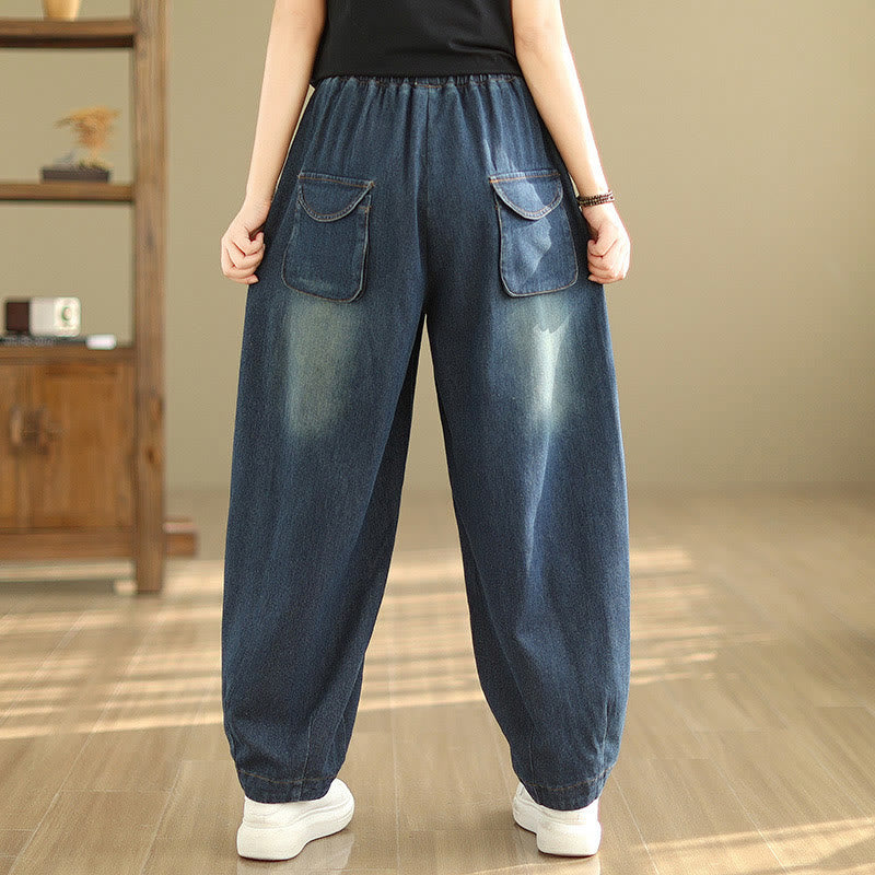Buddha Stonesカジュアル ダークスレートブルー 無地 ドローストリング コットン レディース ハーレムパンツ ポケット付き - image 3
