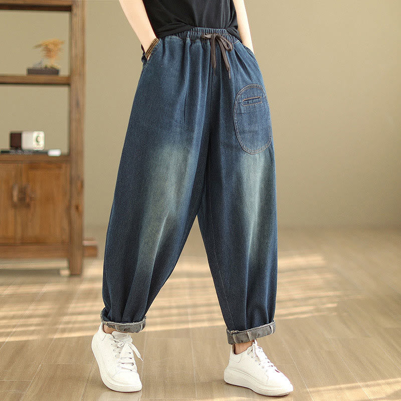 Buddha Stonesカジュアル ダークスレートブルー 無地 ドローストリング コットン レディース ハーレムパンツ ポケット付き - image 5