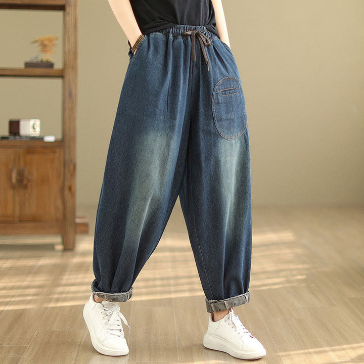 Buddha Stonesカジュアル ダークスレートブルー 無地 ドローストリング コットン レディース ハーレムパンツ ポケット付き - image 5