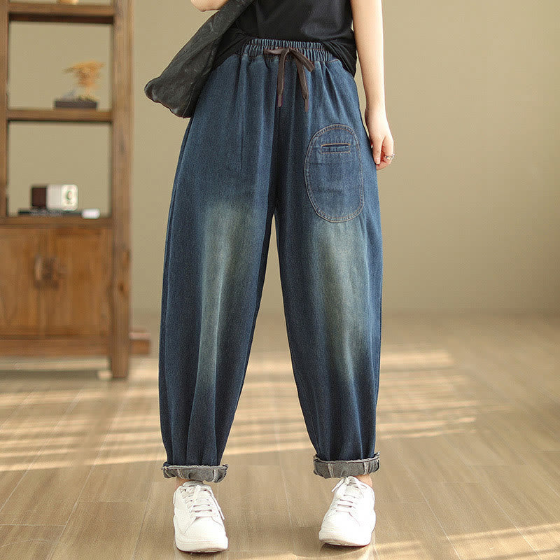 Buddha Stonesカジュアル ダークスレートブルー 無地 ドローストリング コットン レディース ハーレムパンツ ポケット付き - ダークスレートブルー - US12、 UK/AU16、 EU44 (2XL) - image 0