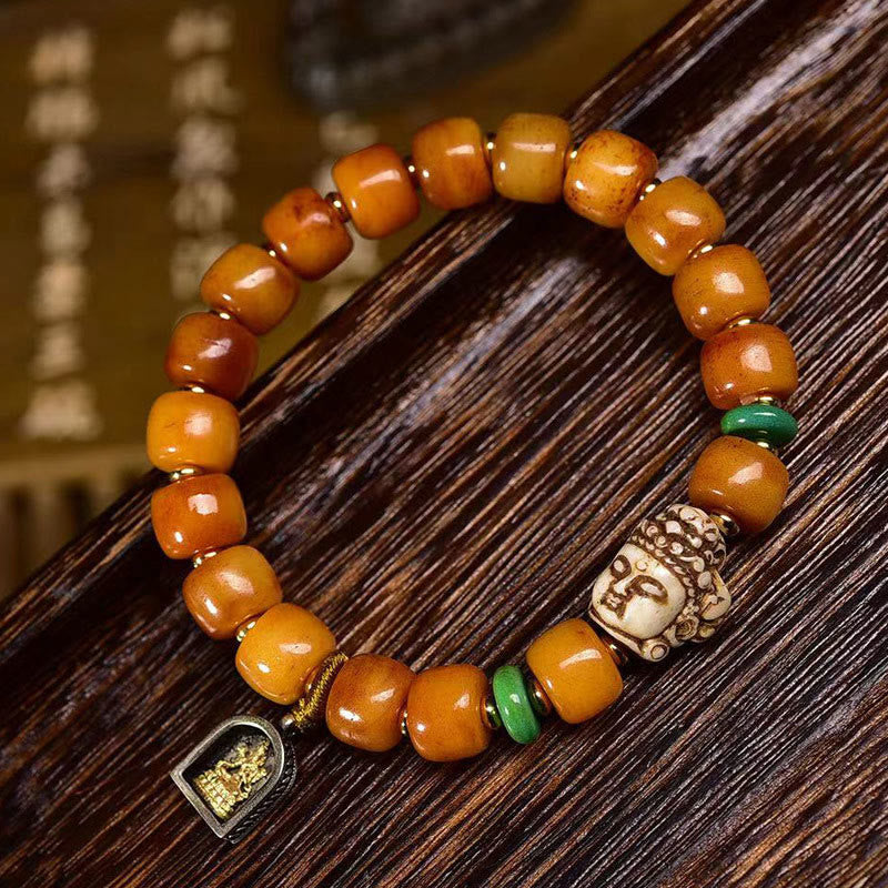 Buddha Stones天然チベットラクダ骨バレルビーズ 仏頭 幸運 守護 ブレスレット