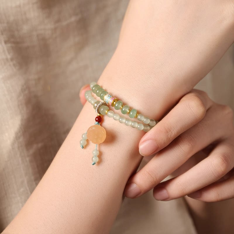 Buddha Stones、複数の円、天然アベンチュリンガラス、蓮の鞘、幸運の竹、ポジティブなブレスレット