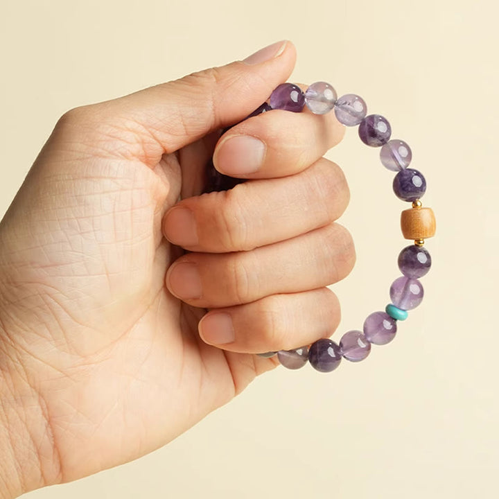 Buddha Stones天然アメジスト幸運の木製ビーズ平和ブレスレット